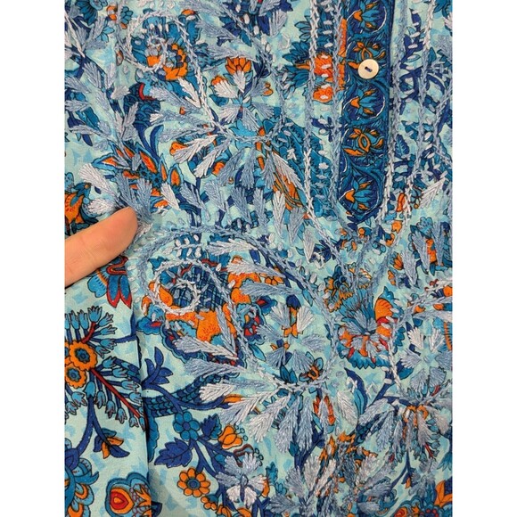 Dolma Silk Blend Floral Blue Tunic Hand Embroidered Henley Bohemian Indian Sz M - Picture 7 of 12